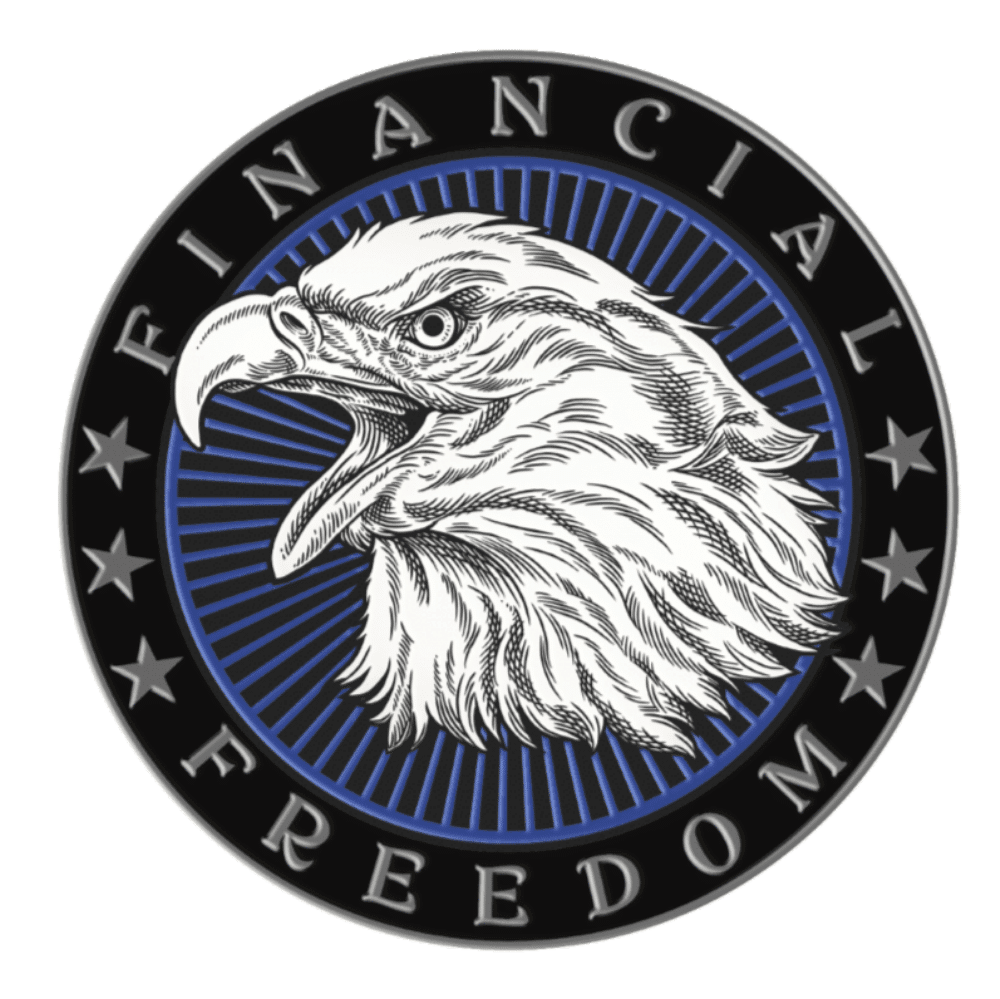 Badge image of an eagle with the text financial freedom written on it